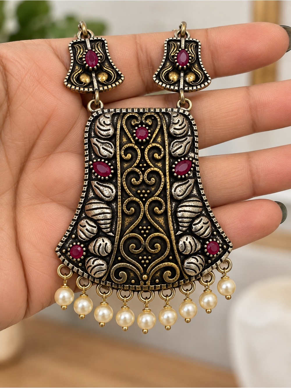 Vintage Style Indian Jhumka Necklace & Earrings Set Oxidized Silver Gold Tone Pi